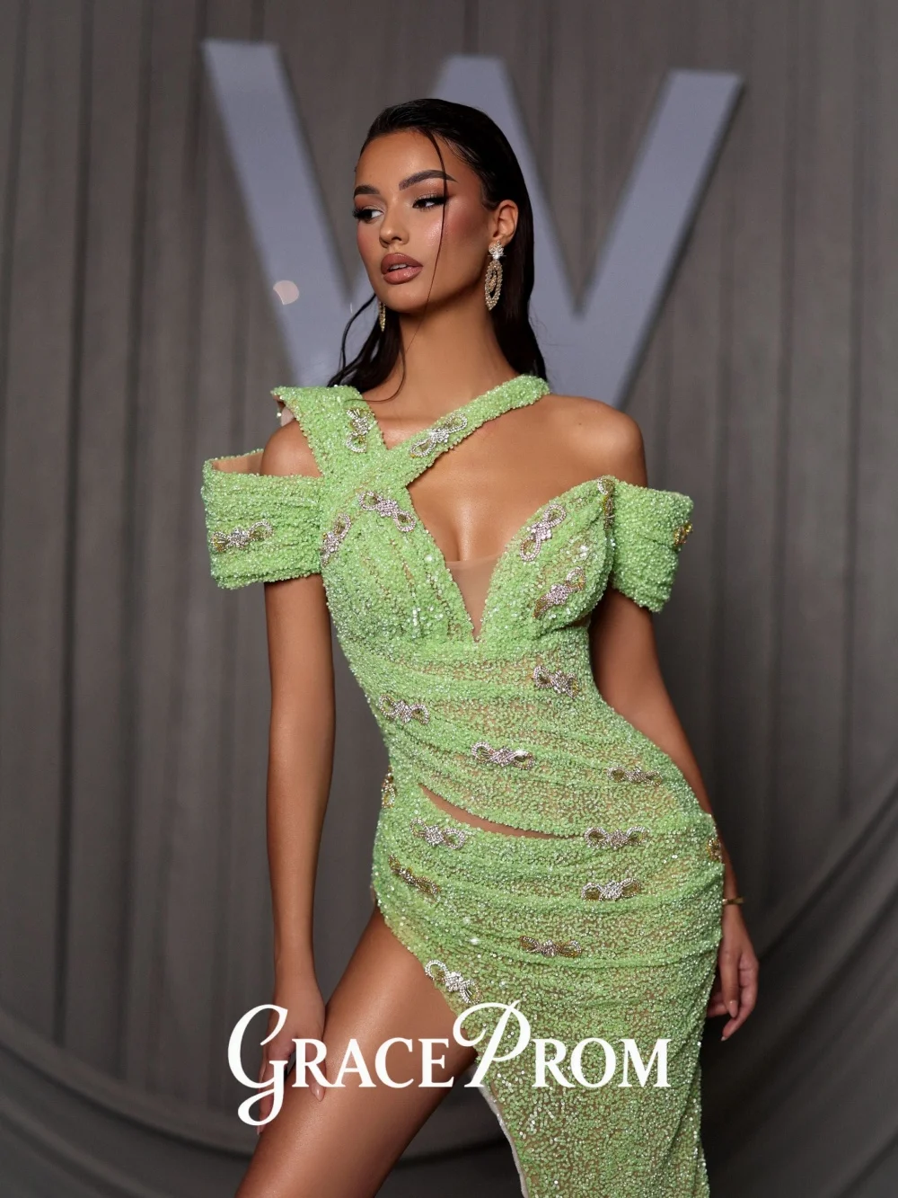 

GraceProm Vibrant Lime-Hued Evening Dress 2026 Glitter Carpet Gown Sultry A-Line Floor-Length Party Gown فساتين سهرة