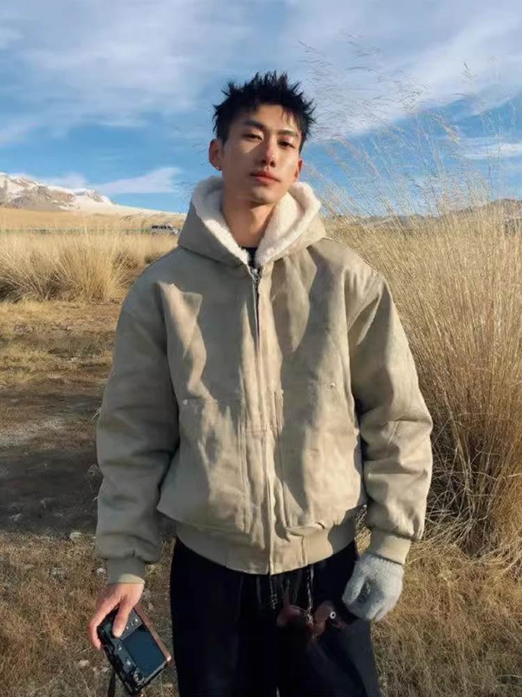 

Men's Winter Thiened Fce Lined Hooded Jaet Marble Patterned Cotton Padded Coat Cleanfit Sle Couple Outerwear