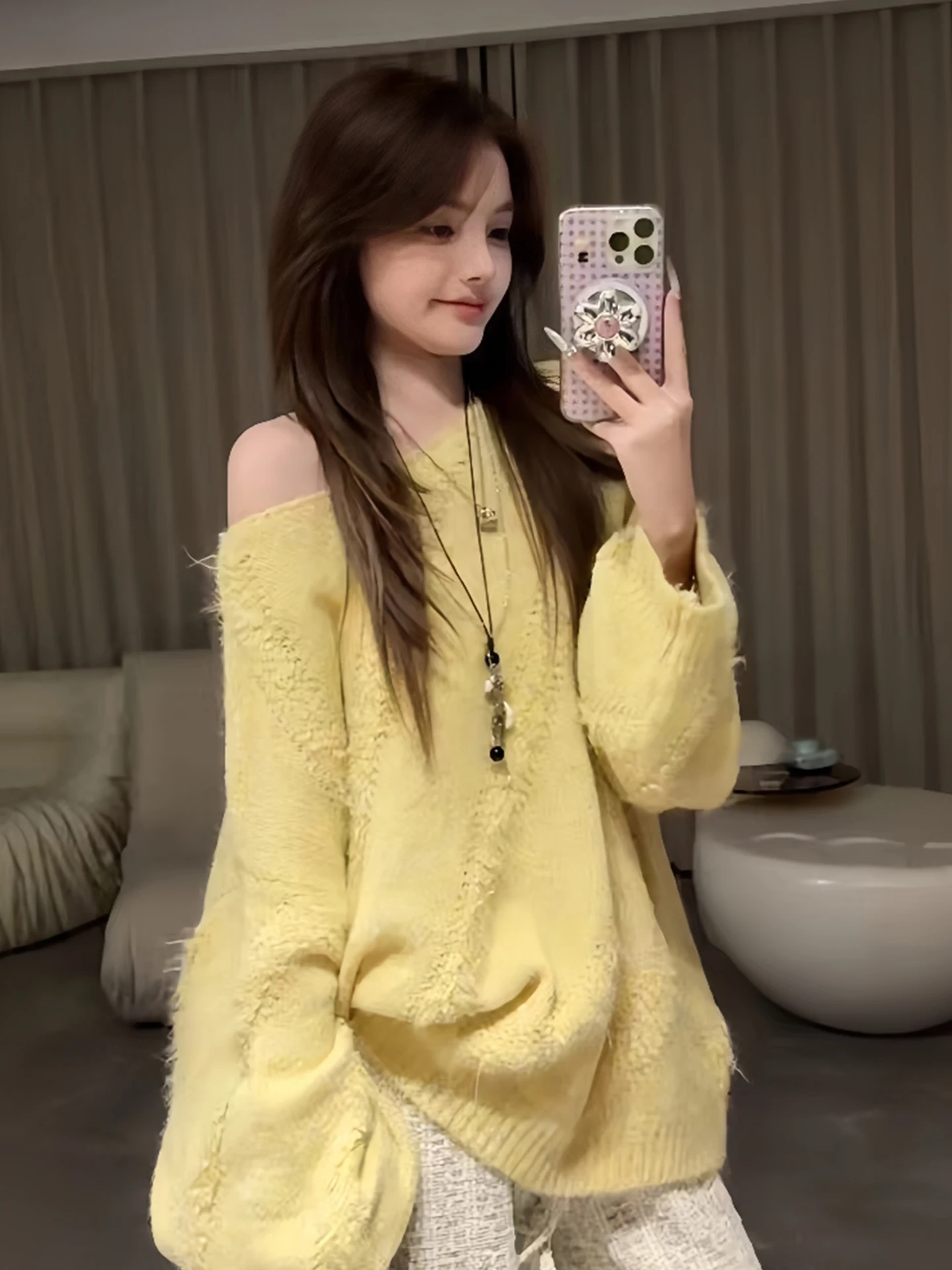 

Soft Thiened Knitted Sweater Women's Loose Outerwear oulder Bared Autumn Winter Faionable Comfortable Yellow Milk Color