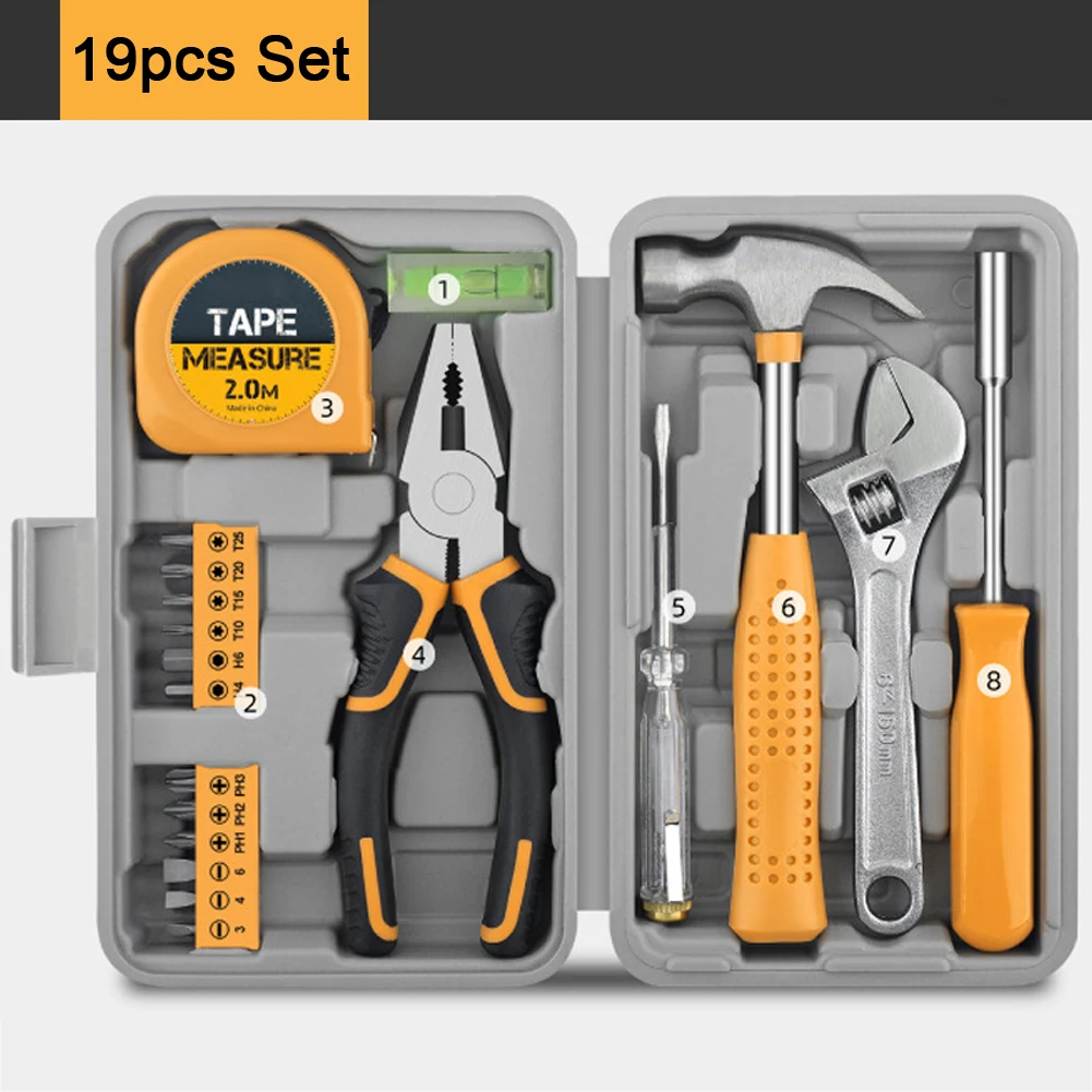 Kit de herramientas de reparación para el hogar multifuncional con alicates, llave, martillo, destornillador, cinta con caja de herramientas portátil para el hogar y la Oficina