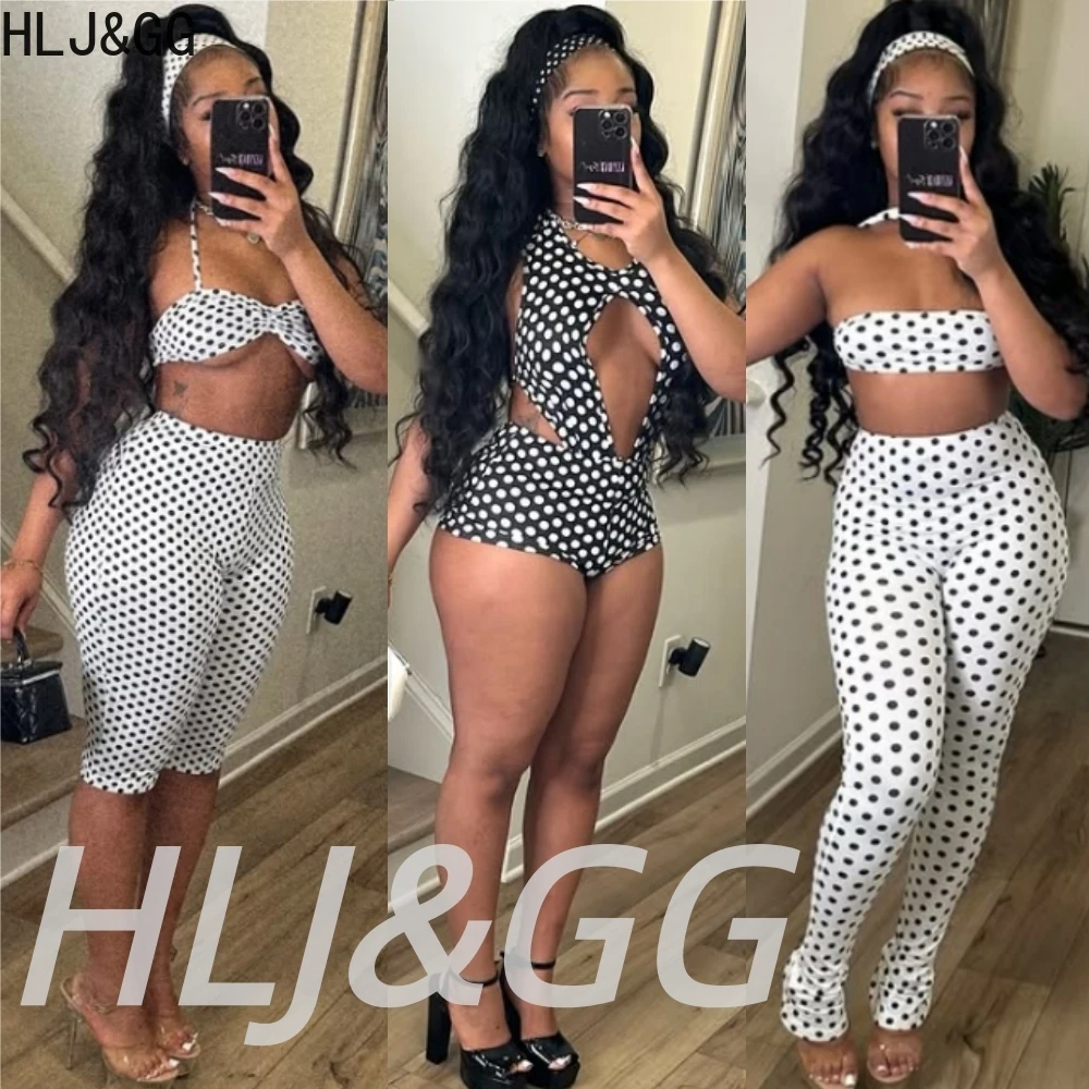 

HLJ&GG Fashion Polka Dots Hollow Two Piece Sets Women Sleeveless Backless Tube+Skinny Pants Outfits Y2K Streetwear With Hairband
