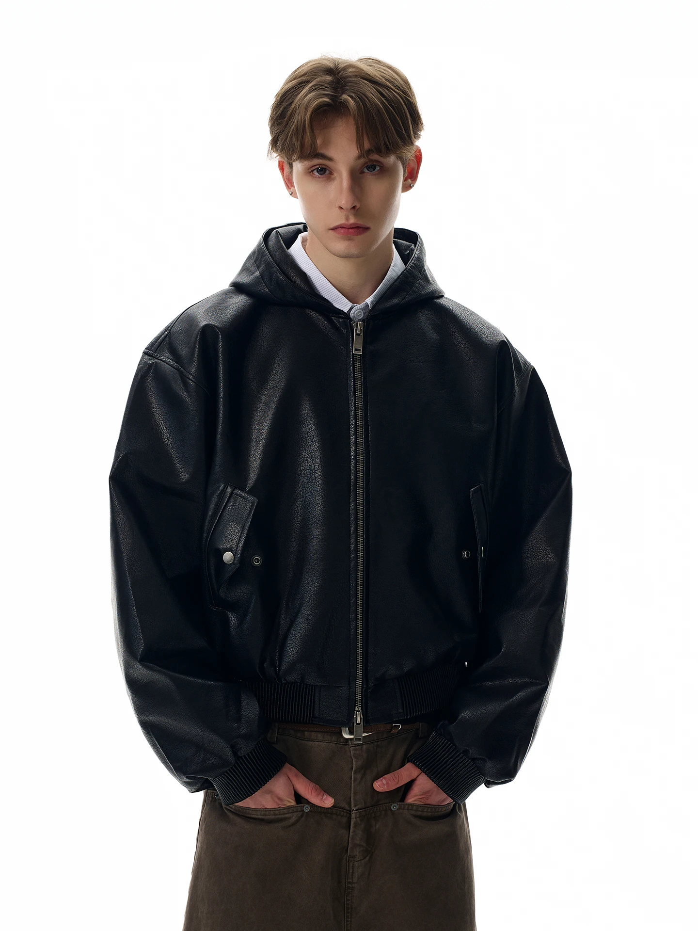 

American Retro Boxy ort PU Leather Jaet Hooded Motorcycle Jaet Loose Fit Sli Youthful Spring Autumn Outerwear