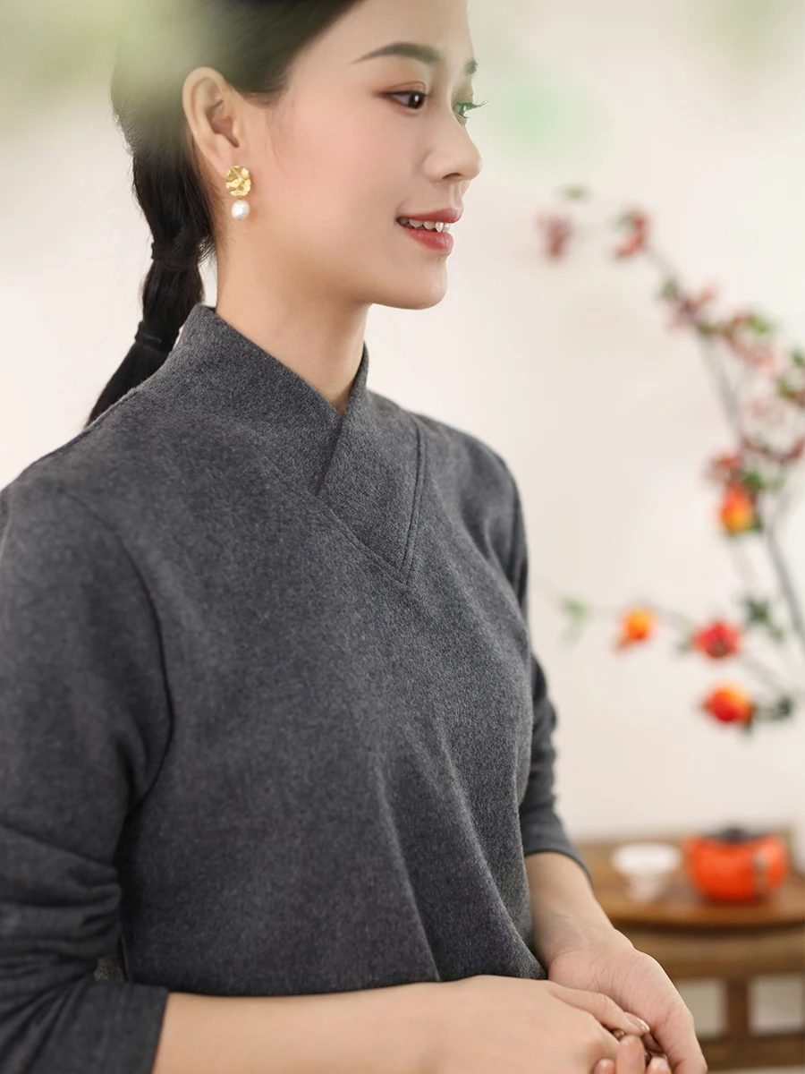 

High Collar Long Sve Women's Base irt Versatile Stand Collar High Intersection Collar Spring Autumn Cotton T-irt