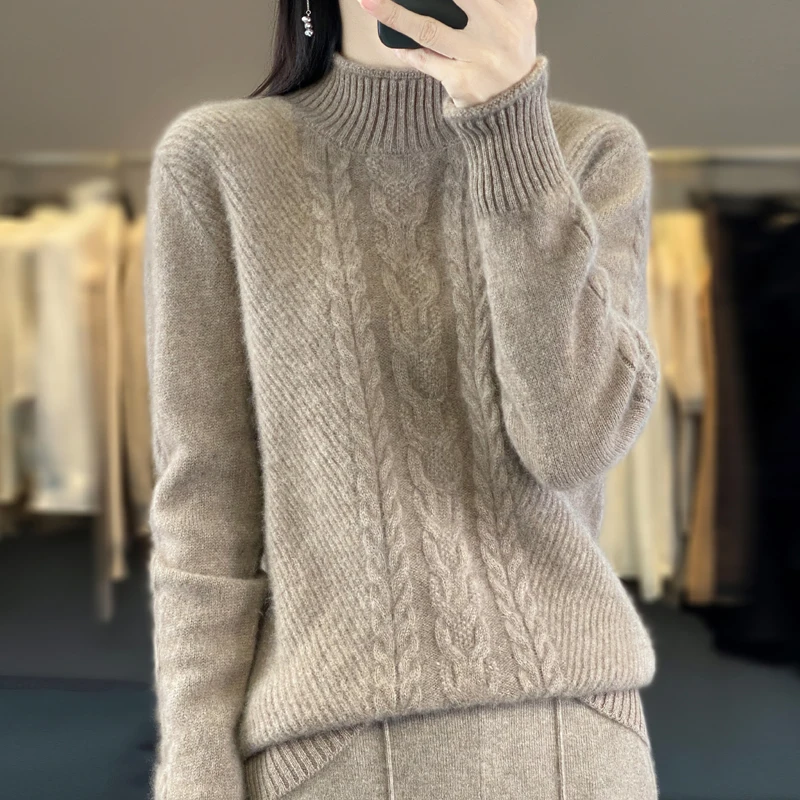 2024 Autumn/Winter New Women's Pure Wool Thickened Half High Neck Casual Versatile Woolen Sweater Fashionable and Slimming