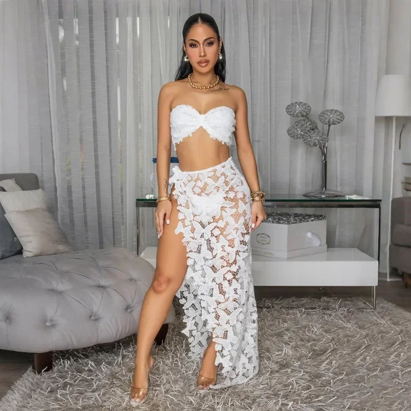

GUWU Sexy Lace Bikinis Sets 2025 Women Summer Vacation Beach Holiday Swimwears Bra + Underwear +Skirts 3-piece Sets Outfits