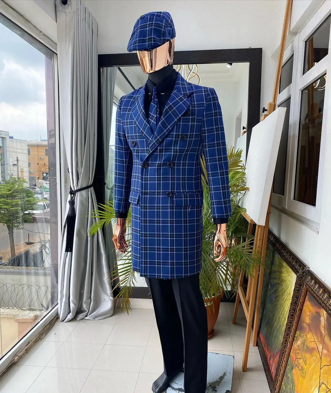 Customized Formal One Piece Long Jacket Casual Double Breasted Man Notched Lapel Plaid Wedding Coat for Prom Party