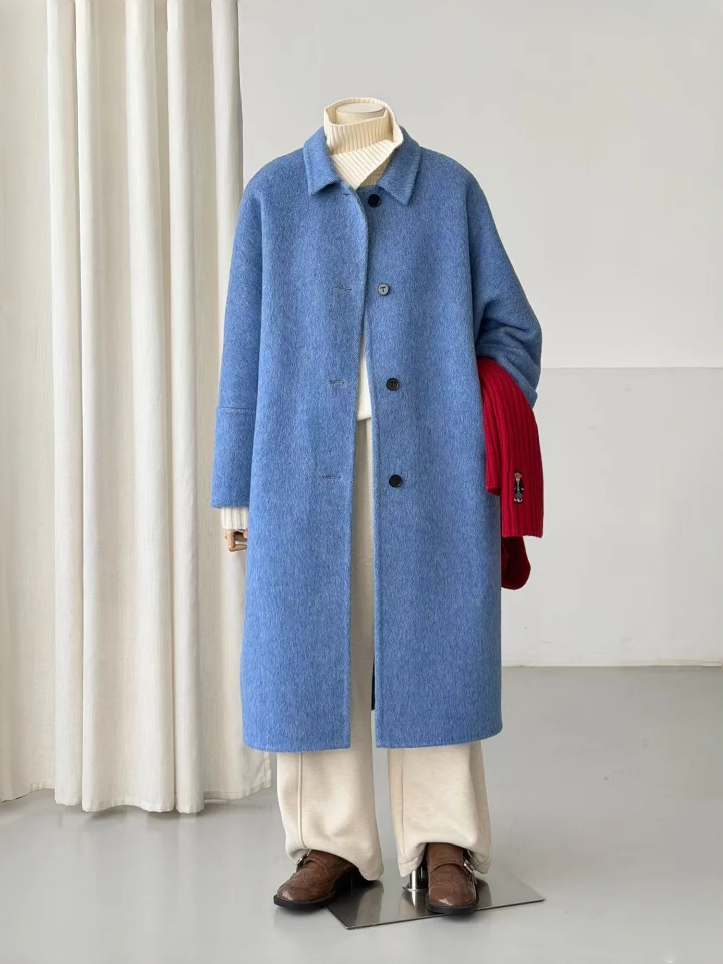 Retro Style Women's Blue Double-Faced Wool Coat Loose Fit Korean Style Woolen Outerwear Fashionable Academic Trend Medium-Length