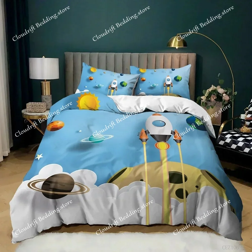 

Cartoon Duvet Cover Set Science Fiction Space Themed with Earth and Rocket,Decorative Bedding Set,Queen Size Quilt Cover