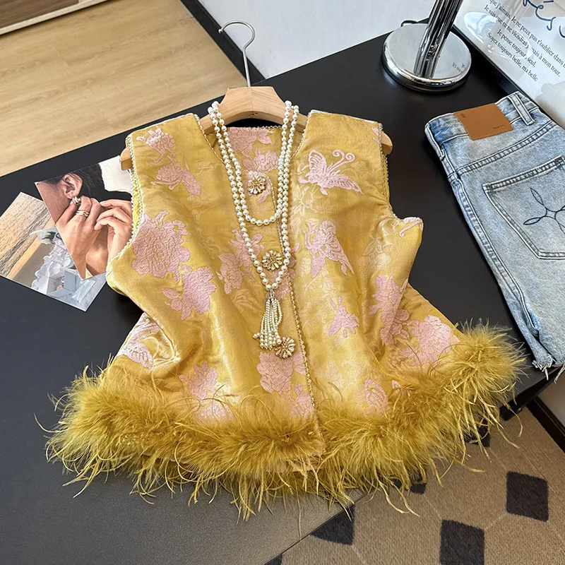Luxury New Chinese Style Sleeveless Vest Women Yellow Qipao Top Jacquard Feather Trim Jacket New Year Party Coat Outweawr Hanfu