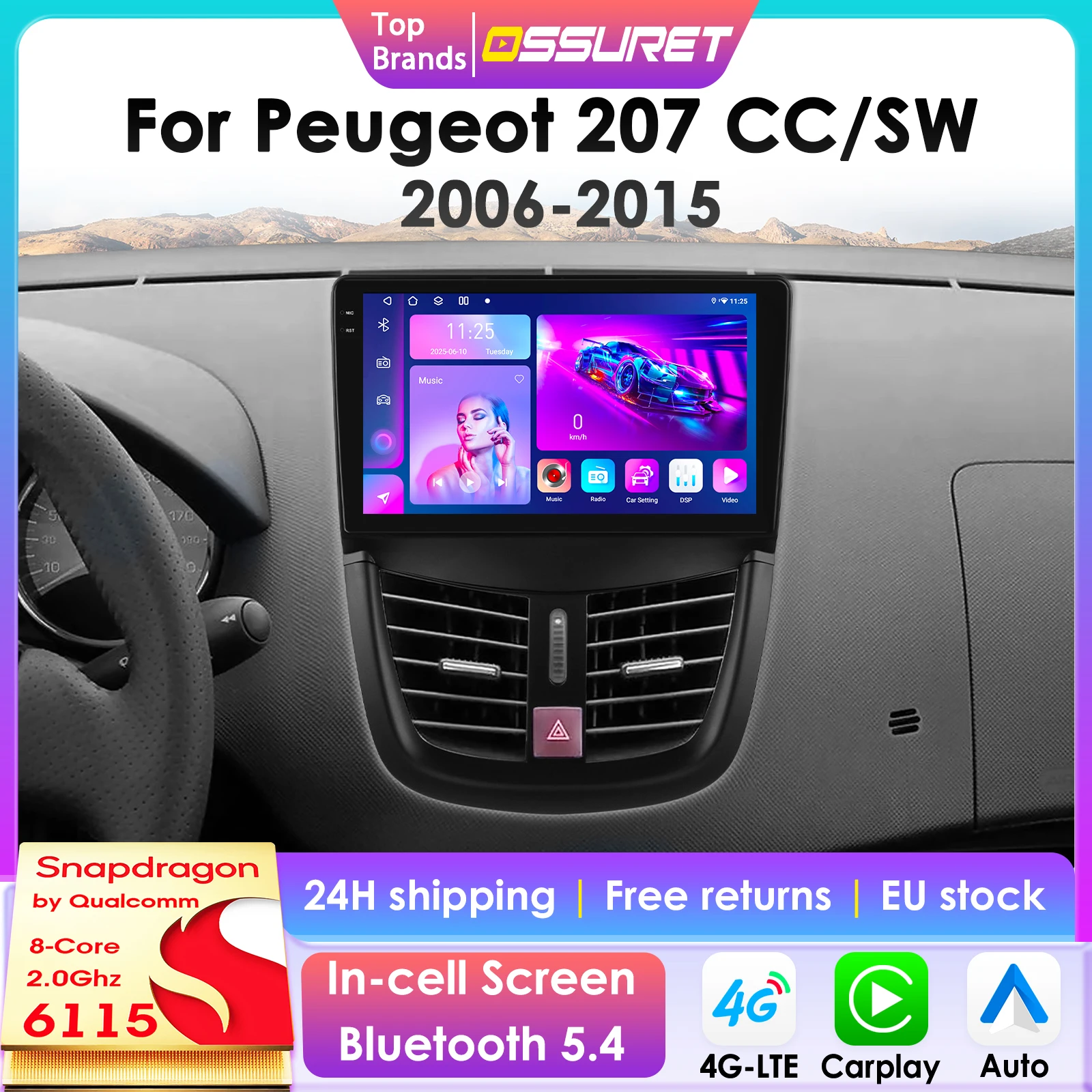2Din 360-Kamera Android 14 Autoradio für Peugeot 207 207CC 2006 - 2015 Auto-Multimedia-Player Intelligenter Bildschirm Autoradio Carplay
