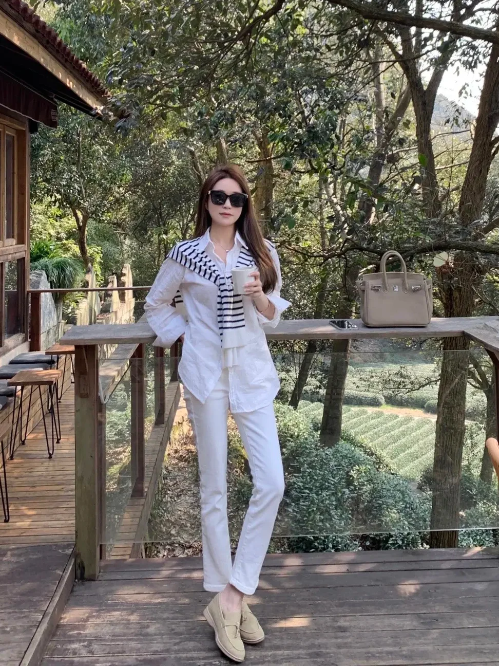 

Classic Preppy Style Women's Nine-Tenths Straight Leg Jeans Linen Long Sleeve Shirt Striped Shawl Cotton Stretch Denim High W...