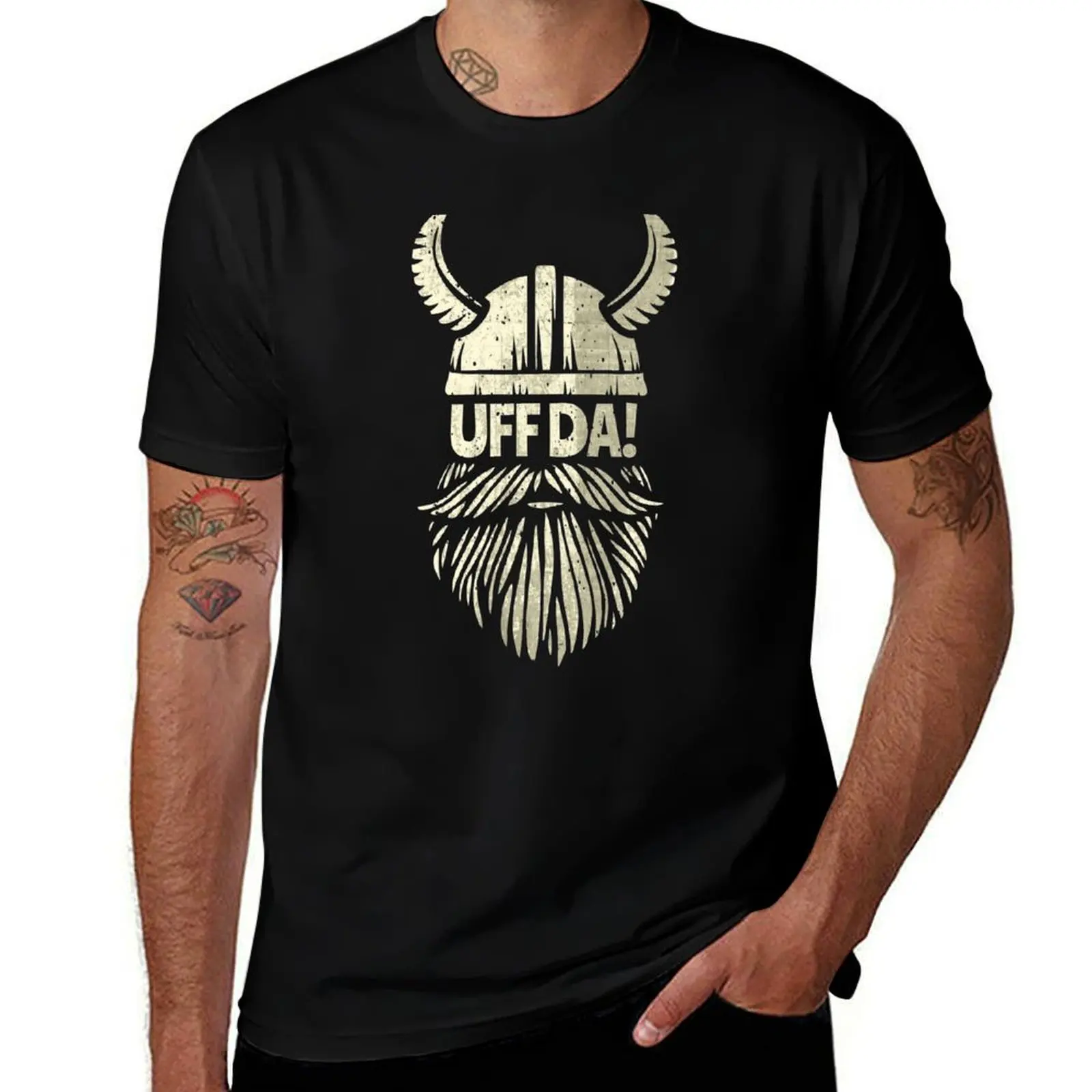 Uff Da Viking Helmet Funny Beard Scandinavian Mythology Popular Norwegian Phrase T-Shirt Casual Fashion Print Tee Top T-Shirt