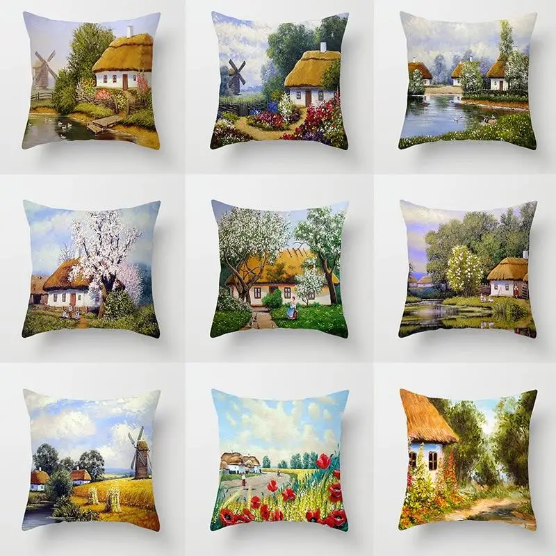 Retro Sofa Chair Home Decoration Oil Painting Pillowcase Pastoral Scenery Flower and Bird Cushion Cover Living Room Ornament