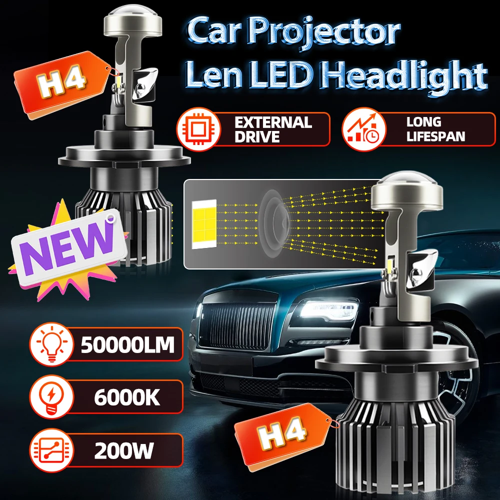 

H4 H7 H11 9005 9006 Светодиодная ампула фары Canbus 200 Вт Turbo 50000LM с линзой проектора 12 В Внешний привод 6000 К длительный срок службы