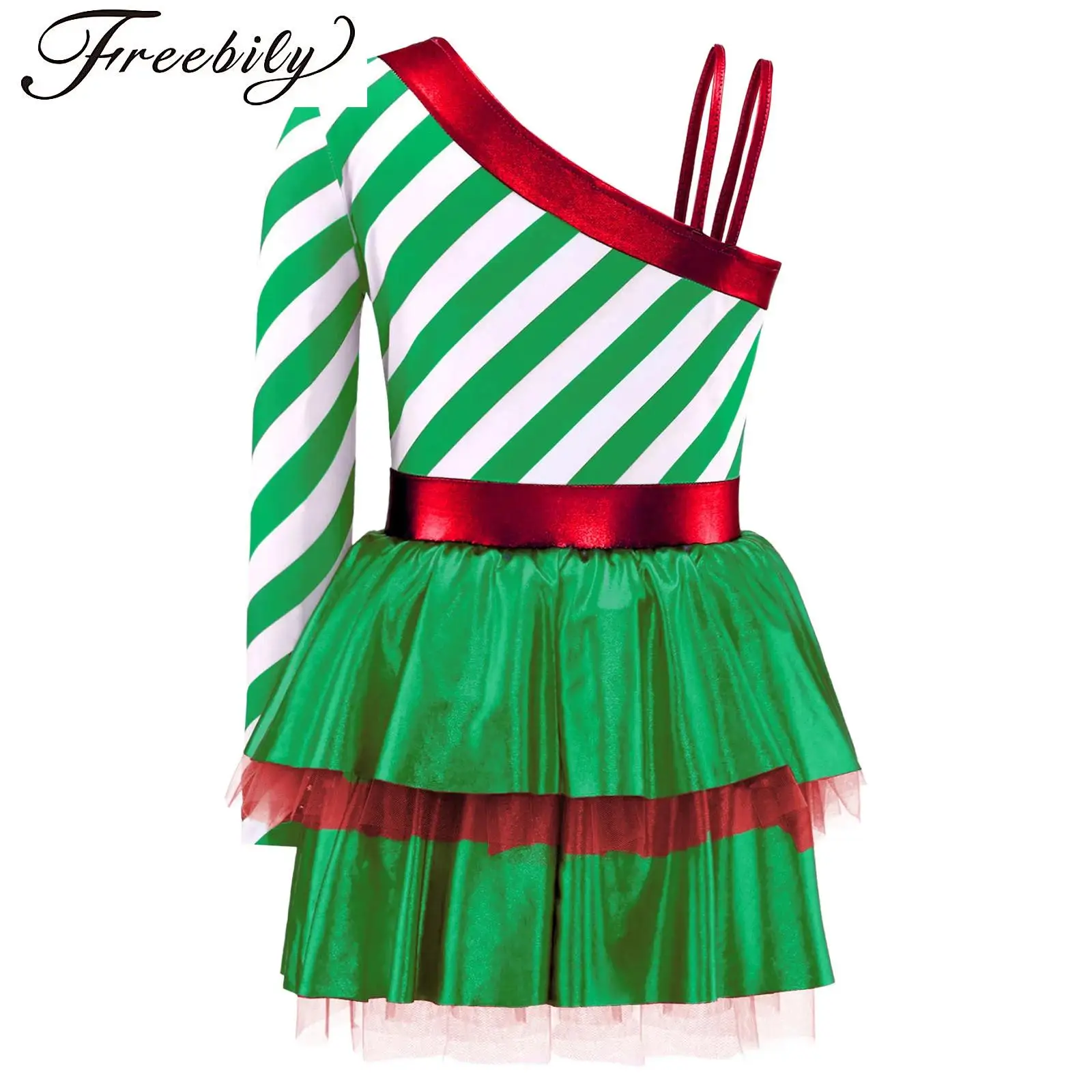 

Kids Girls Christmas Candy Cane Striped Dress Long Sleeve Patchwork Layered Ruffle Ballet Leotard Tutu Dress Santa Claus Costume