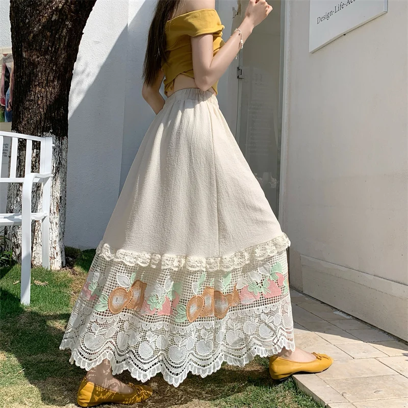 Vestido Floral Embroidery Spring Summer Colorful Lace Skirt Women French Chic High Waist Hollow Out A-Line Midi Long Skirts