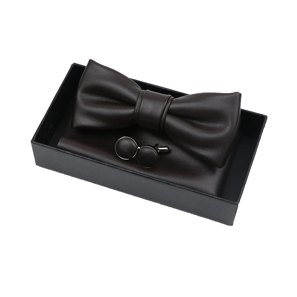 New PU Leather Bow Ties Cufflink Set Solid Color Bowtie Handmade Butterfly With Box Wedding Party Neck Wear Tie Novelty Gift