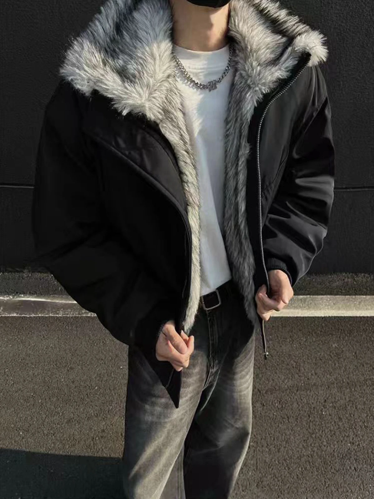 

Men's Thiened Cotton Jaet with Fur Collar Loose Fit Warm Youth Faion Winter Outerwear Casual Long Sve Zipper Closure