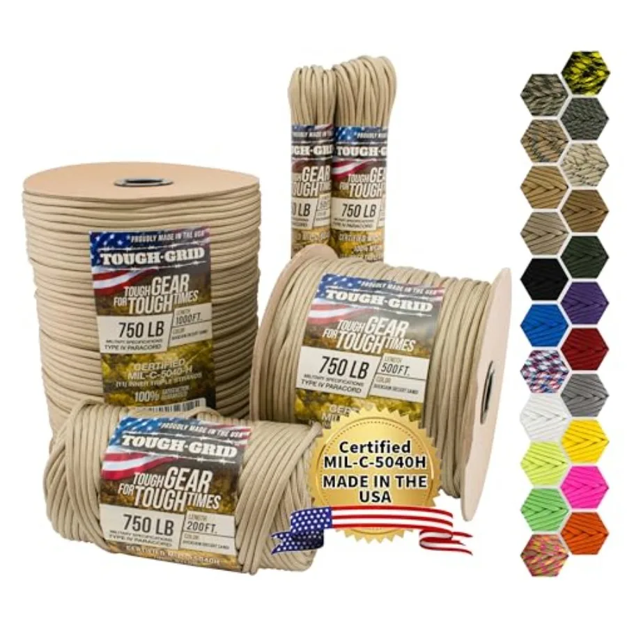 

750 Paracord Military Grade Nylon Rope - Type IV Mil-Spec Made in USA - Tactical Survival Cord