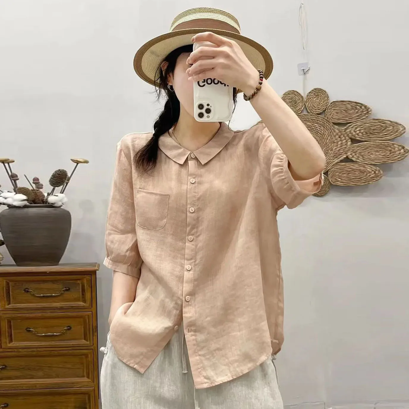 

Хлопково-льняной повседневный свободный крой для женщин, лето 2022, Agel Thin Sle Five Sve ket, простой модный топ