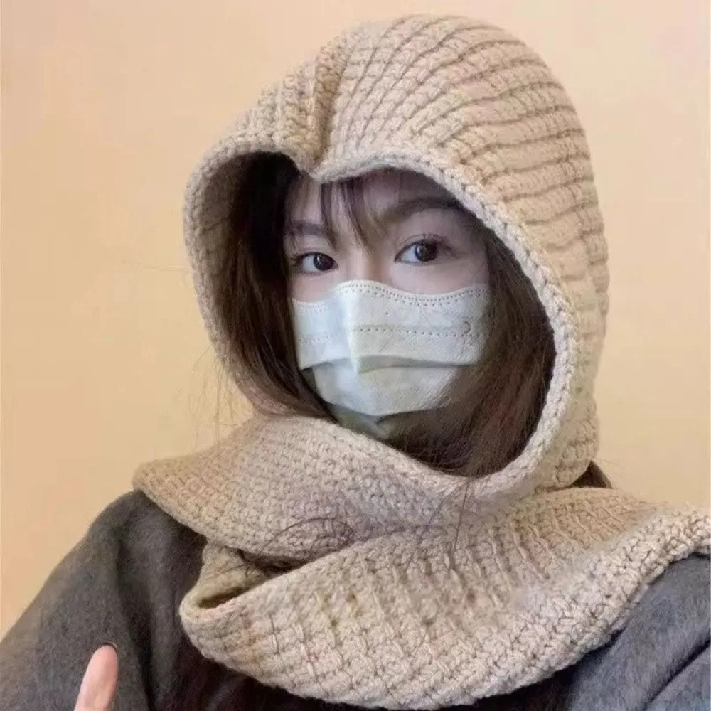 

Acrylic Fibres Knitted Hooded Caps Soft Triangular Neck Collar Beanies Caps Ear Protection Embossing Winter Neckerchief Hat