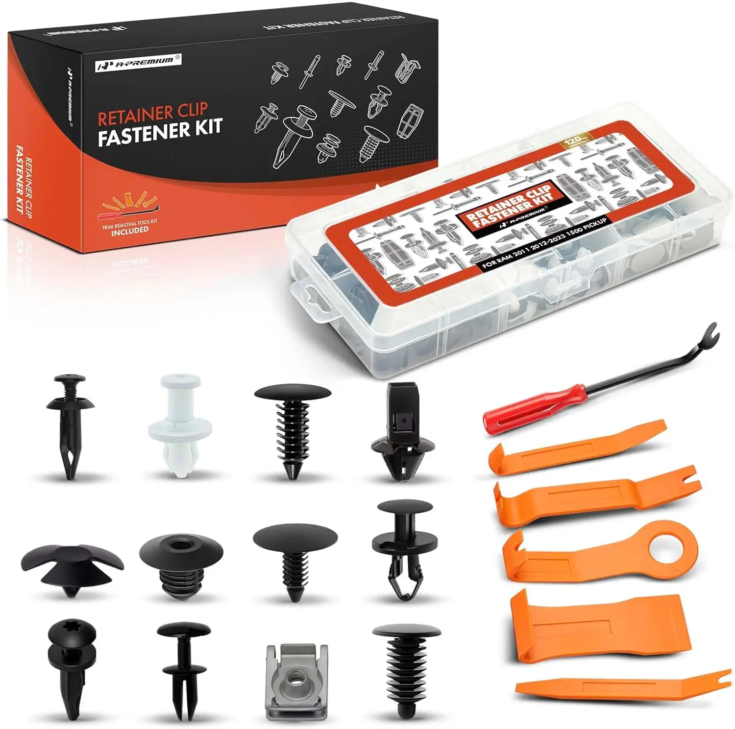 

120 PCS Car Retainer Clips Kit 12 Sizes for Ram 1500 2011-2023 Fender Bumper Hood Replacement with Removal Tool