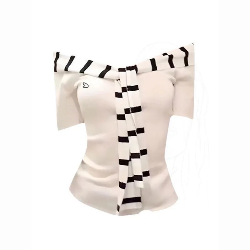 

Korean Style Off Shoulder Knit T-shirt Women Sexy Slim Fit Striped Decor Short Sleeve Top Sweet Spicy Summer Blouse