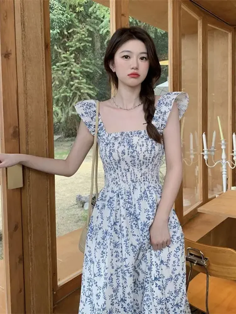 فستان نسائي أنيق لصيف 2025 فساتين كورية عصرية بياقة مربعة وطبعة زهور وخصر نحيف وأكمام طائرة #5