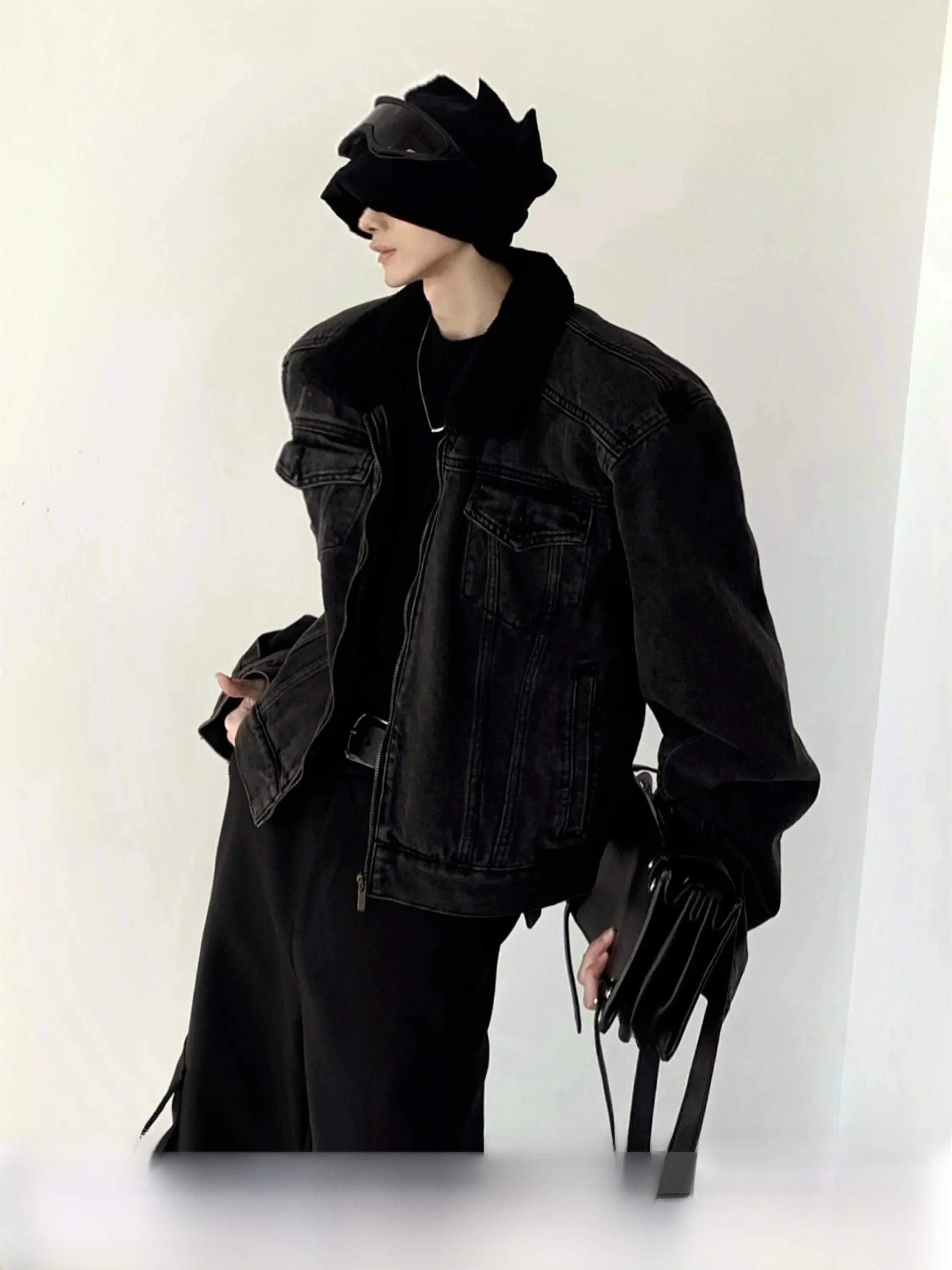 Autumn Mountain Wind Thickened Short Jeans Jacket Men's Winter Fashion Outerwear Lamb Fur Collar Splicing Design Straight Hem