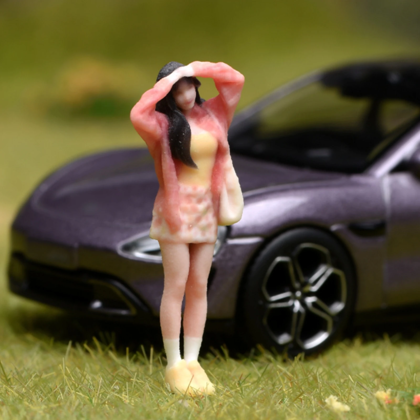 1:64 Scale Girl Figure Raised Arms Diorama Figure Female Figurine Handmade Style Standing Figurine Long Dark Hair