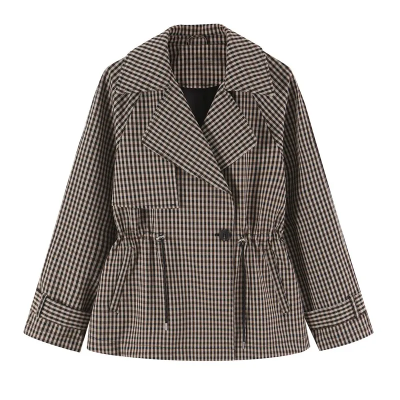 Women's Check Trench Coat With Drawstring New 2026 Women Double-Breasted Long Sleeve Women's Oversize Chic Female Outerwear