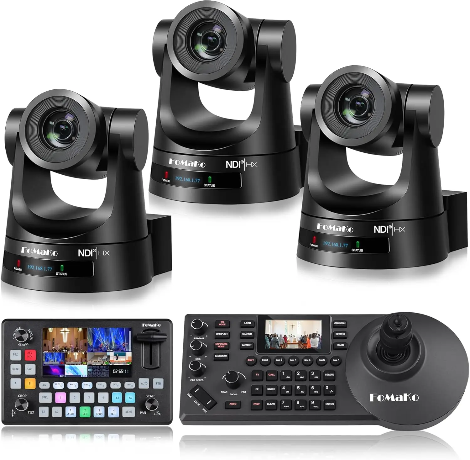 FoMaKo NDI 6 Camera 30X Optical Zoom NDI PTZ Camera HDMI(3pcs) +KC601 Pro Video Mixer Switcher+ KC608 Pro PTZ Controller
