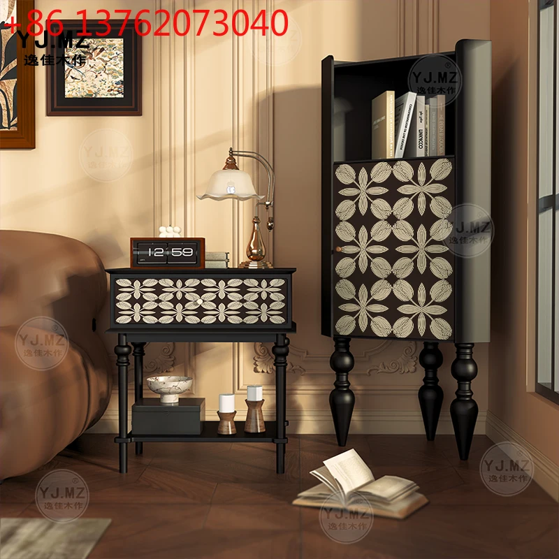 French medieval solid wood small coffee table, living room decoration and storage integrated tea table
