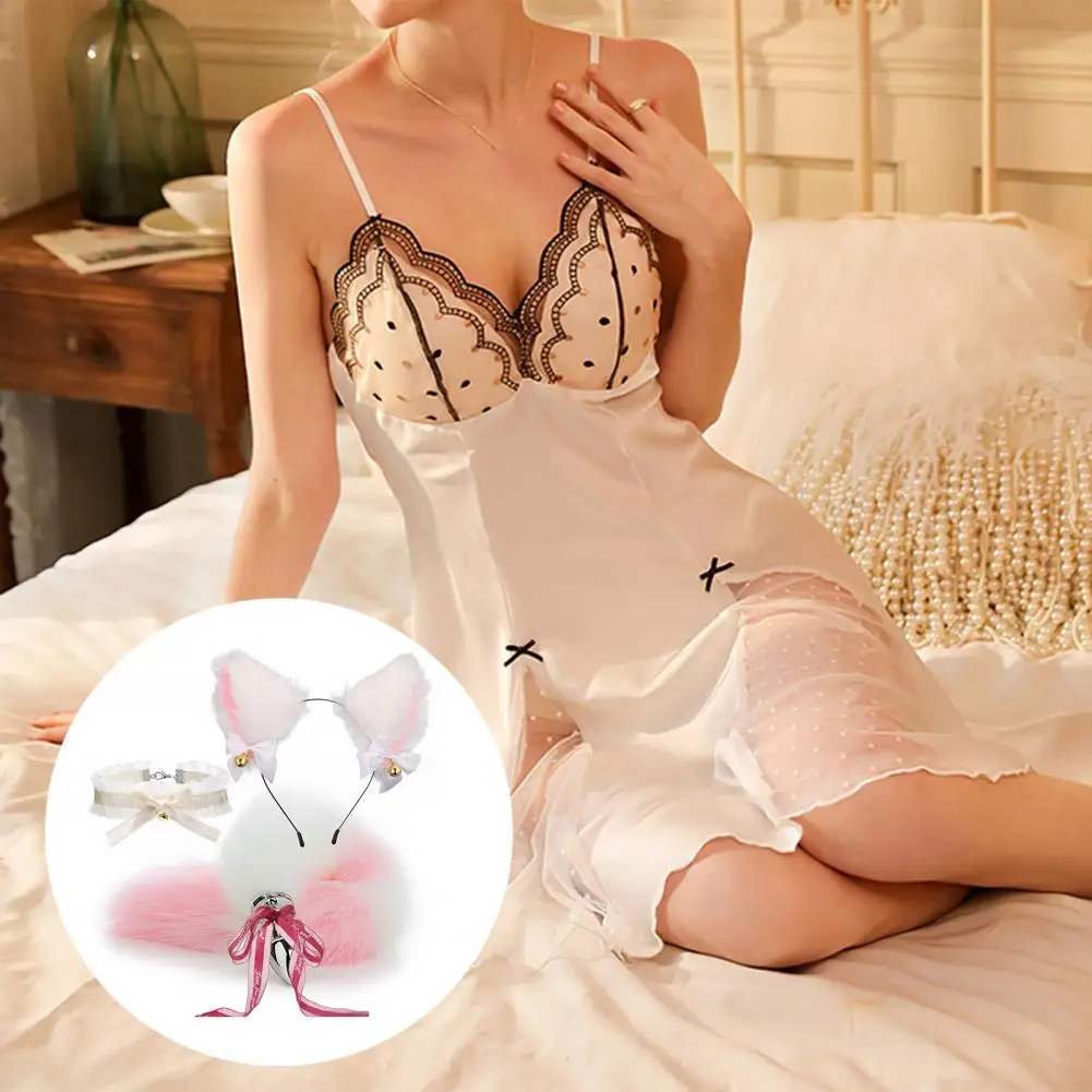 Fox Shape Adult Sex Toy Set com Furry Tail Collar e Bow-knot Hairband para Mulheres, Acessório Sexual, Decoração de Sino Pornográfico