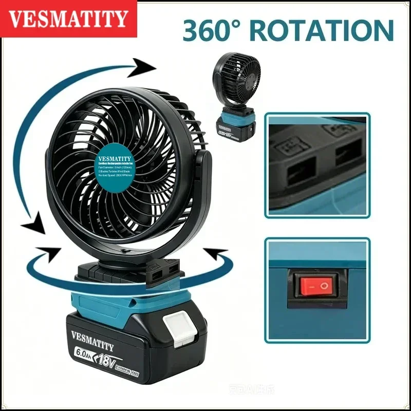 18V Cordless 5 Inch Portable Fan with Wind Speed Adjustment, Desktop Fan for Outdoor Camping Workshop Garage Use,No Battery