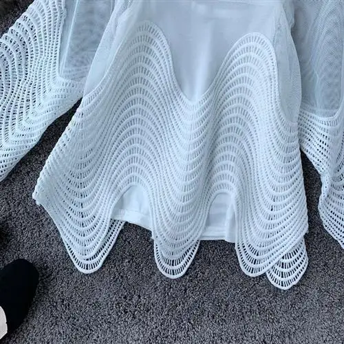 

Women's Hollow Lace irt Wavy Loose Trumpet SVE ort Casual Spring Autumn round Ne Pure Color Boy's Dr Code