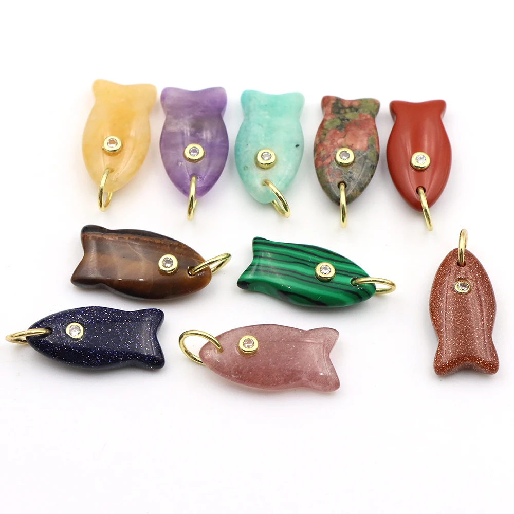 25mm Natural Stone Big Fish Pendant with White Zircon DIY Jewelry Making Charm for Necklace Bracelet Earrings Accessorie Finding