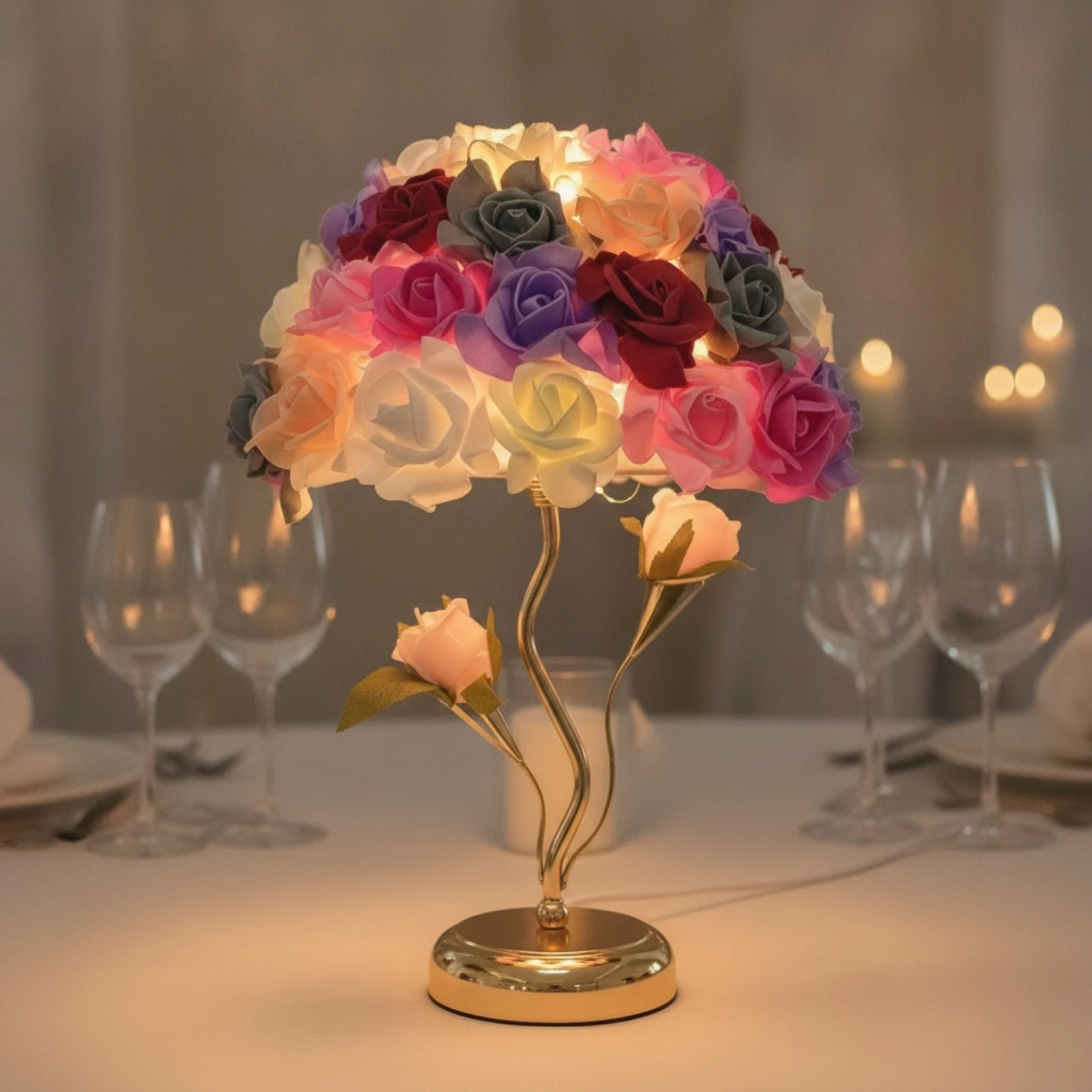 Rose Lamp Decorative Floral Table Lamp Multicolor Gold-Tone for Bedroom, Living Room view 3
