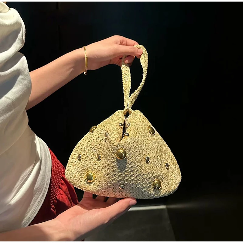 Solid Color Satin Clutch Bag Magnetic Snap Evening Purse Foldable Triangle Shape Handbag Beaded Decoration Minimalist Party Bag