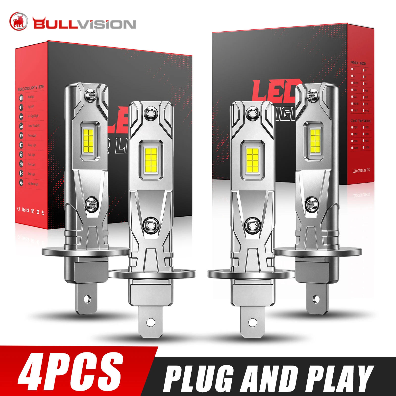 4PCS Mini H1 LED Headlight Bulbs CANBUS Led 1:1 Mini Lamp Super Bright CSP Wireless Fog Lamp Fanless H1 Car LED Plug&Play 6000K