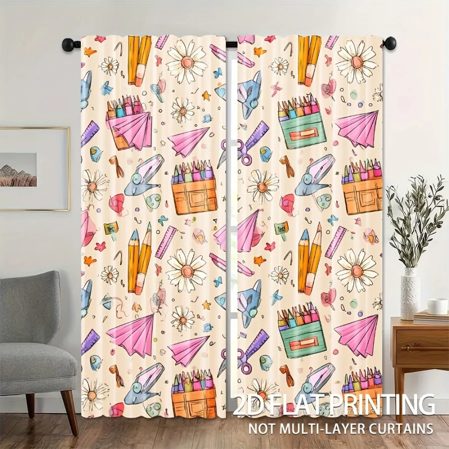 2PCS Digital Printed Curtains, Daisy Stationery Design, Floral Flower Style for Living Room Bedroom Kitchen Home Decor