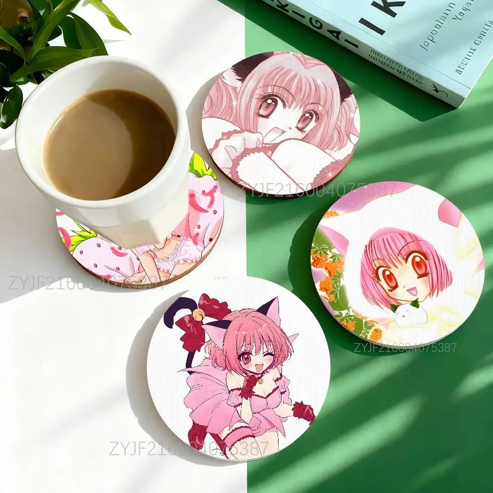

T-Tokyo Mew Mew Ichigo Round Wooden Coasters Heat Resistant Non-slip Drink Cafe Decoration 2D Flat Color Print Coasters Set