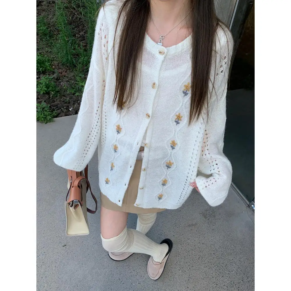 

Korejpaa Elegant Sweater Knitted Cardigans Autumn Hollowed Out New Top Versatile Sweet Flower Jacquard Clothes Gentle Coats