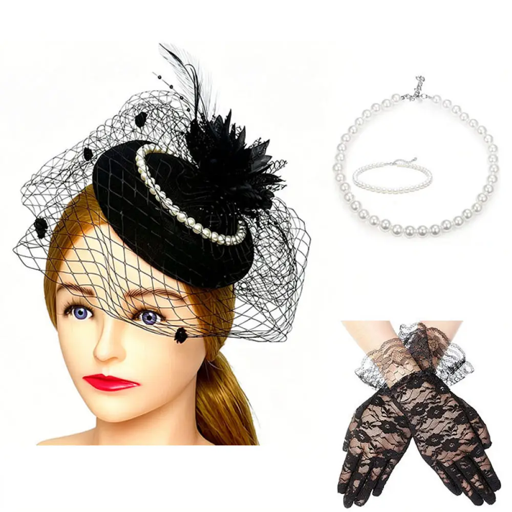 Vintage Lace Gloves And Feather Fascinator Hat Elegant Hair Decor For Women Tea Party Wedding Costume Gear