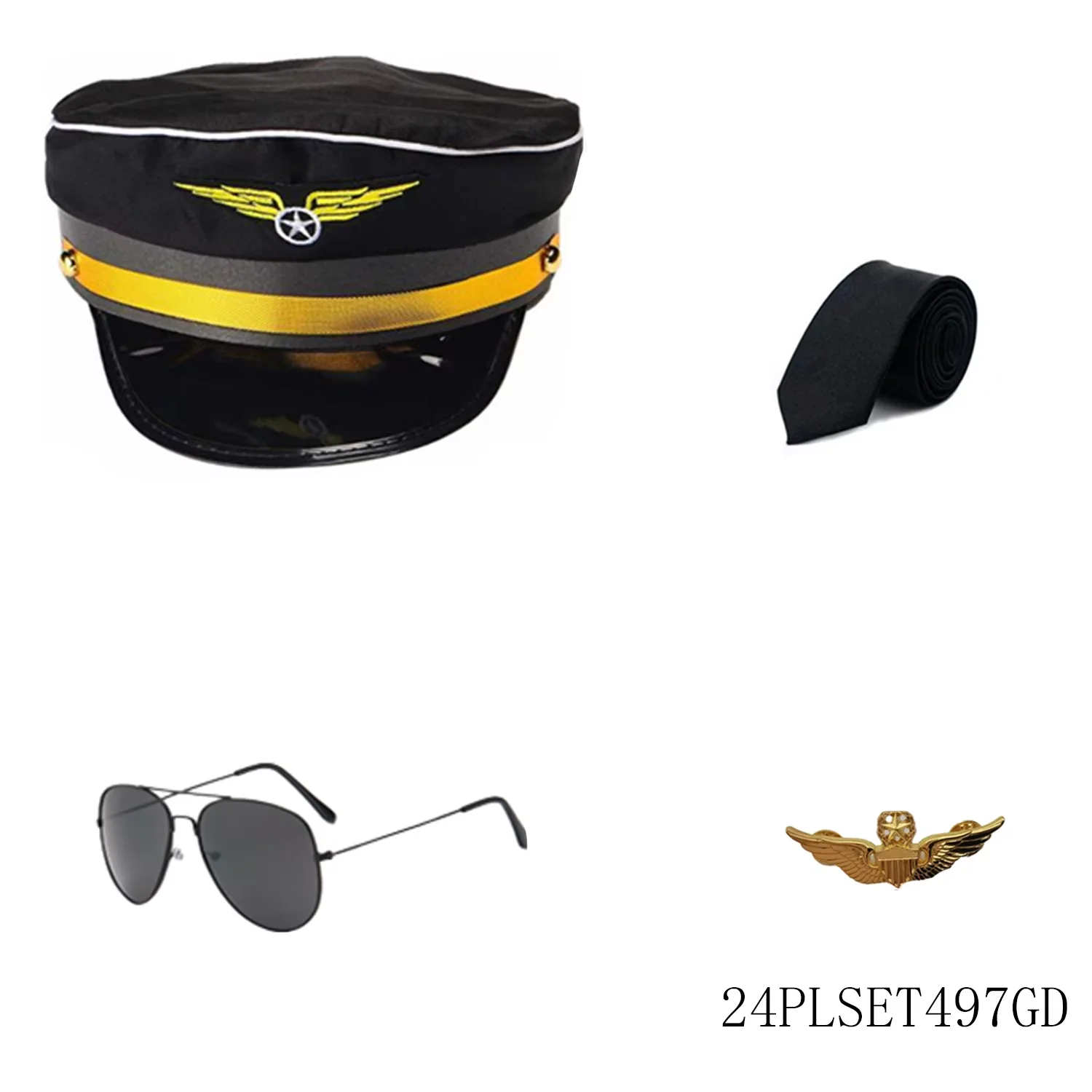 PESENAR 4-częściowy czarny strój pilota lotniczego, idealny na imprezę o tematyce lotniczej