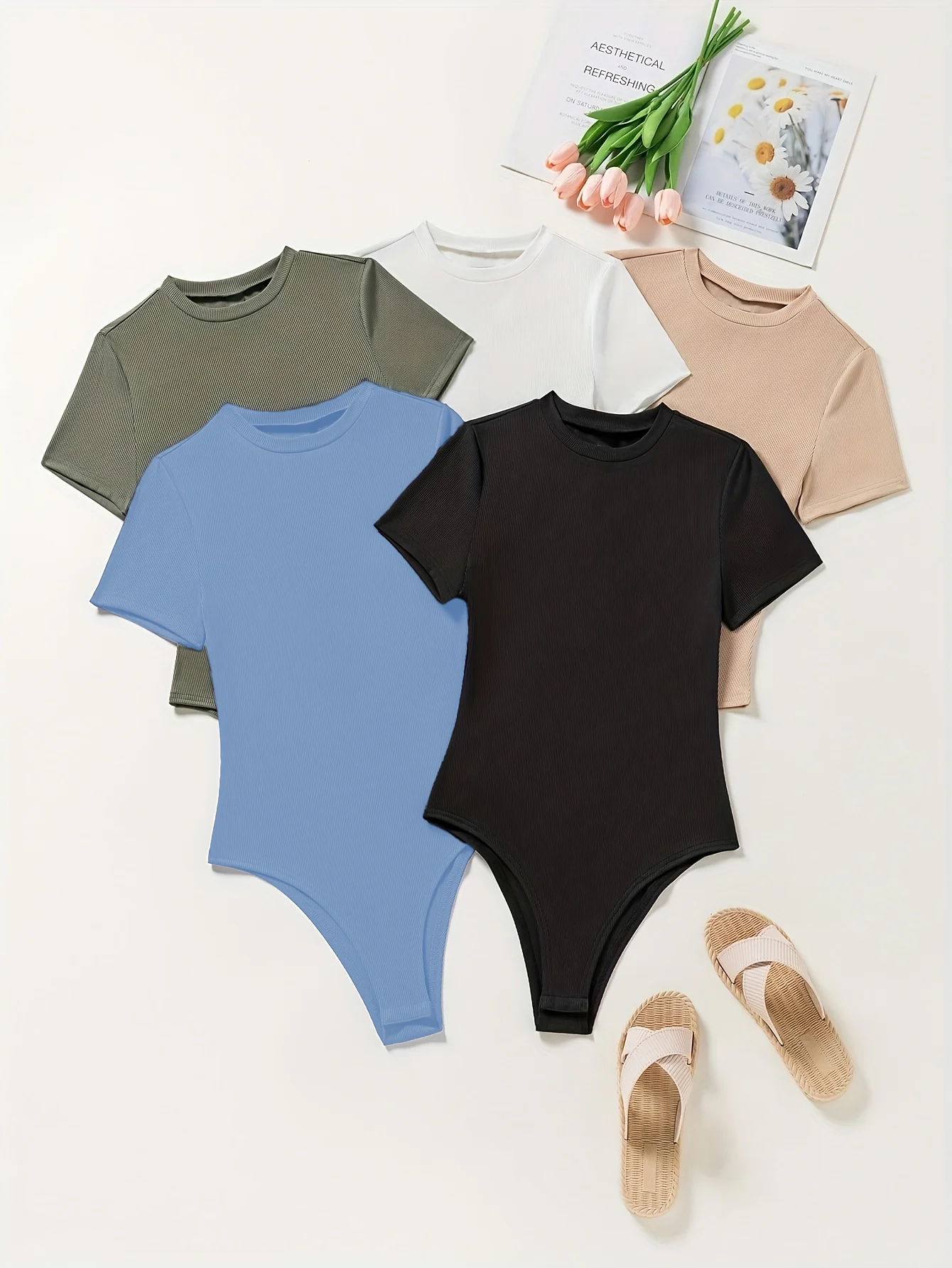 

Women's summer round-neck solid-color casual tight-fitting top set of five pieces