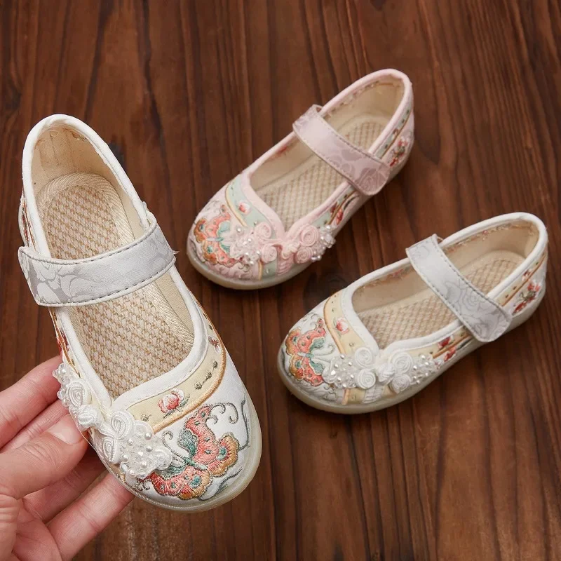 Kids Hanfu Shoes Sweet Embroidery Flower Girl Princess Shoes Fashion Chinese Ancient Style Children\'s Causal Flat Cloth Shoes