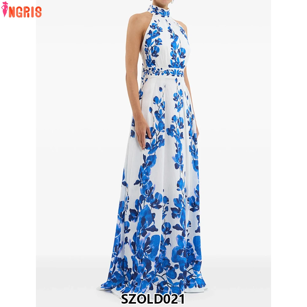 

Women's summer holiday casual wear design print maxi suspender dress for women-SZOLD021