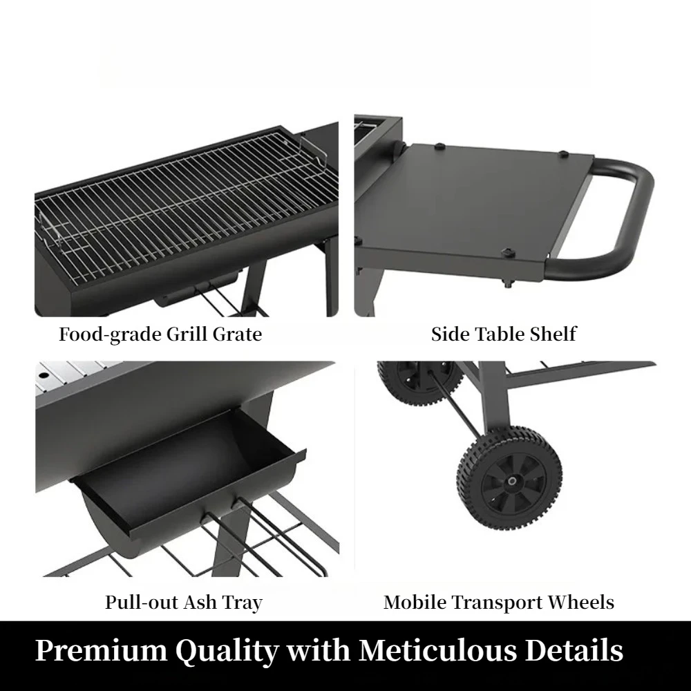 Large Outdoor BBQ Grill with Trolley Thickened American Style Barbecue for Camping Garden Backyard Heavy Duty Charcoal