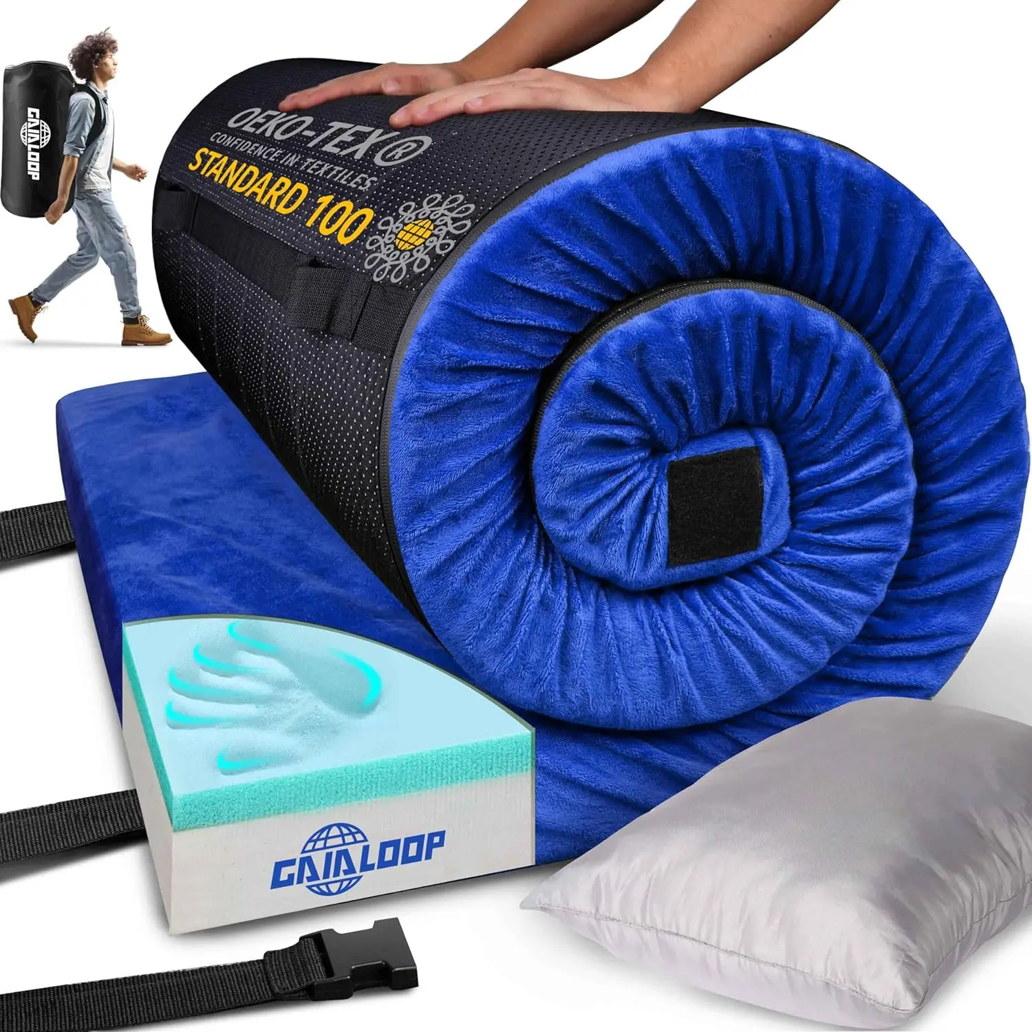 Memory Foam Camping Pad Futon Mattress Full, Portable Floor Sleeping Mat Sleepover Guest Bed Roll Up Mattress for Indoor O